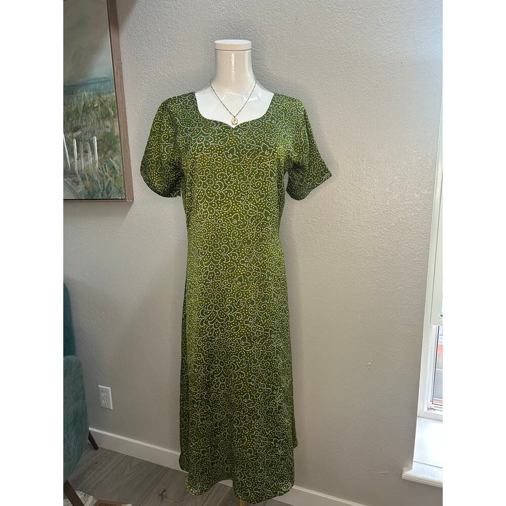 Green Boho Midi Dress Short Sleeve Fit & Flare ‎ Sundress Retro Print - Size S/M